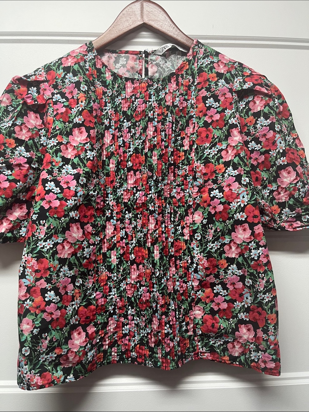 Zara Black Floral Pintuck Blouse with Pink & Red Flowers